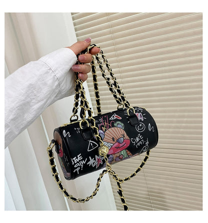 Cartoons Graffiti Cylindrical Pu Leather Zipper Crossbody Bags For Women Fashion Chain Shoulder Handbags And Purses Lady