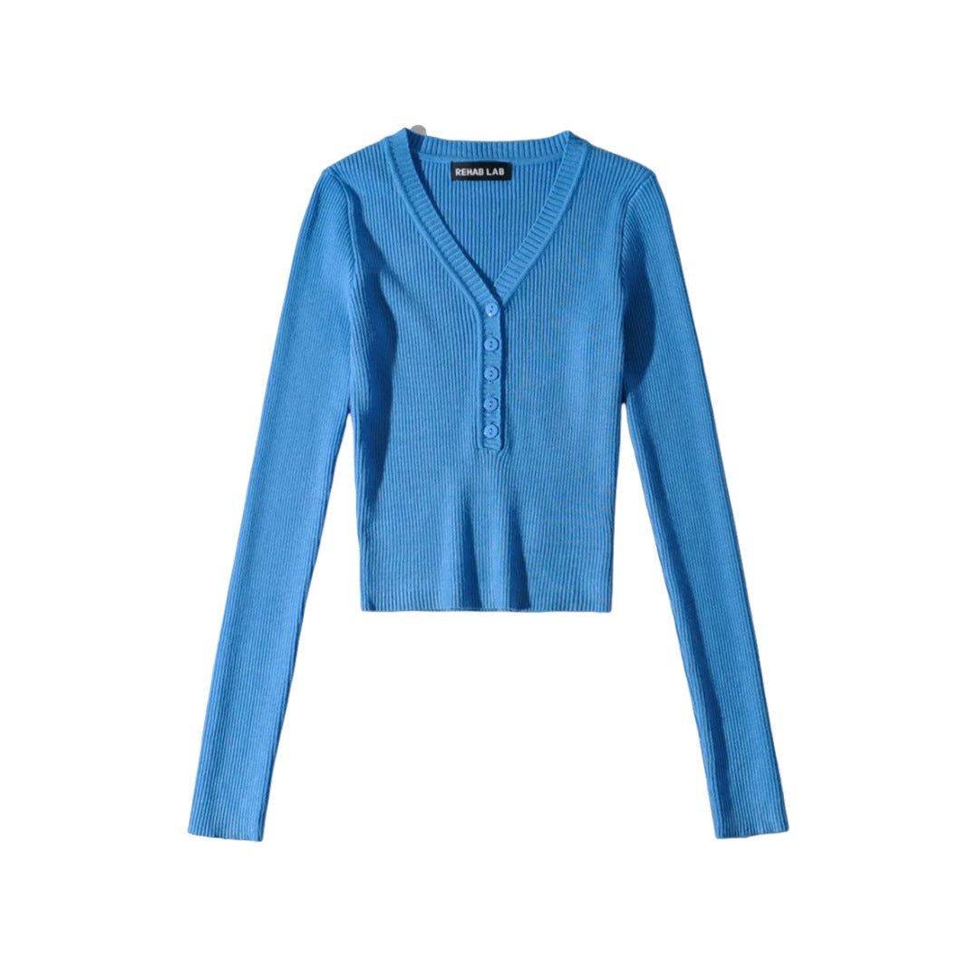 Fall Solid Color Sexy Deep V-Neck Half-Button Long Sleeve Knit Top for Women, High-Waisted Short Crop Bodysuit, Underwear Style