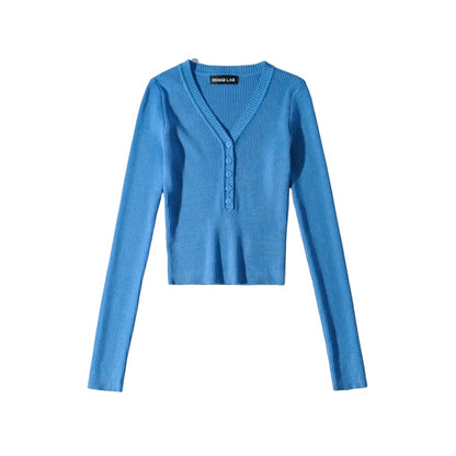 Fall Solid Color Sexy Deep V-Neck Half-Button Long Sleeve Knit Top for Women, High-Waisted Short Crop Bodysuit, Underwear Style