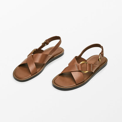 Summer new leather cross strap flat slippers black Roman sandals for women