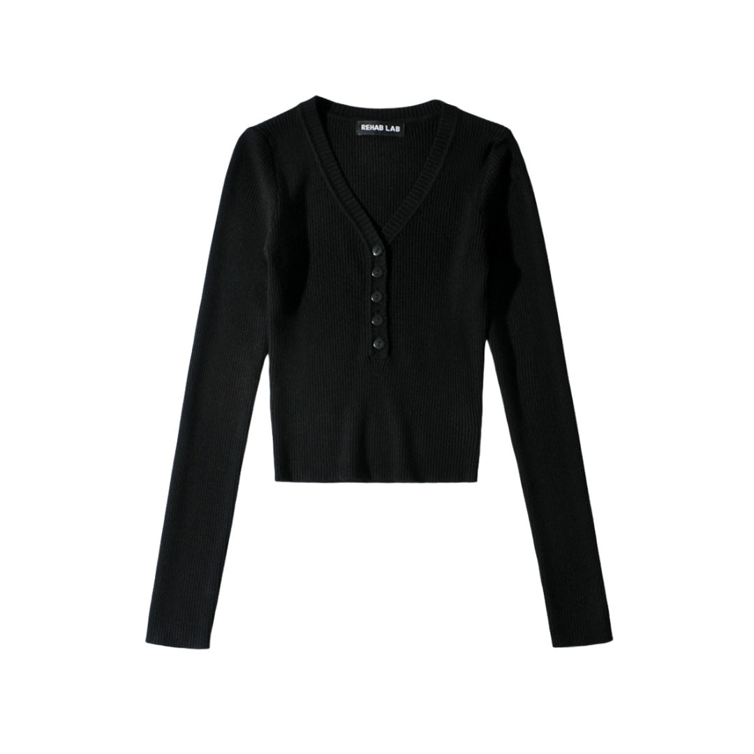 Fall Solid Color Sexy Deep V-Neck Half-Button Long Sleeve Knit Top for Women, High-Waisted Short Crop Bodysuit, Underwear Style