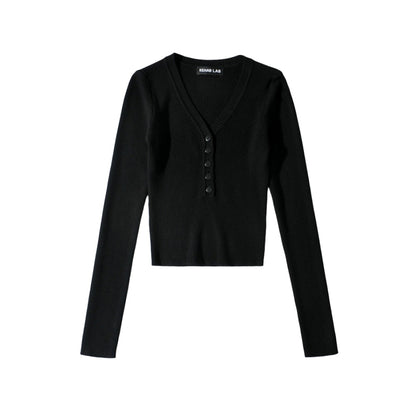 Fall Solid Color Sexy Deep V-Neck Half-Button Long Sleeve Knit Top for Women, High-Waisted Short Crop Bodysuit, Underwear Style