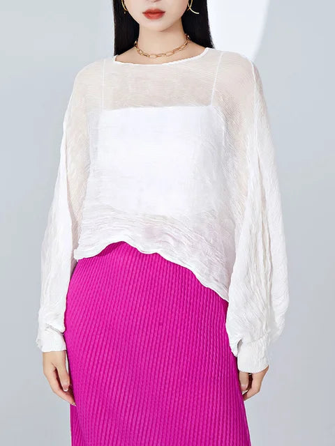 Pleated Long Sleeve Blouse For Women Round Collar Solid Color  Summer Elegant Female Casual Breathable Clothing