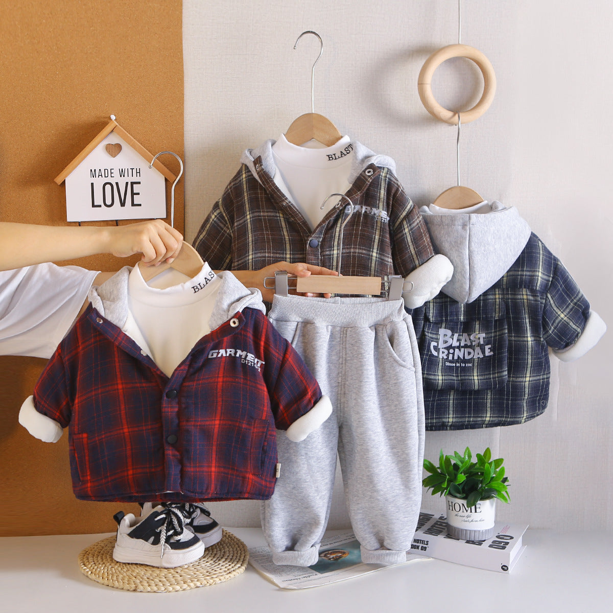Winter baby plaid cotton coat three piece set