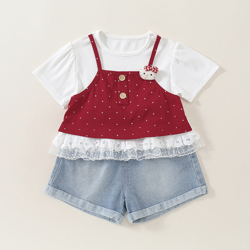 Cute Baby Girl Outfit Set, Overalls with Faux Two-Piece Denim Pants
