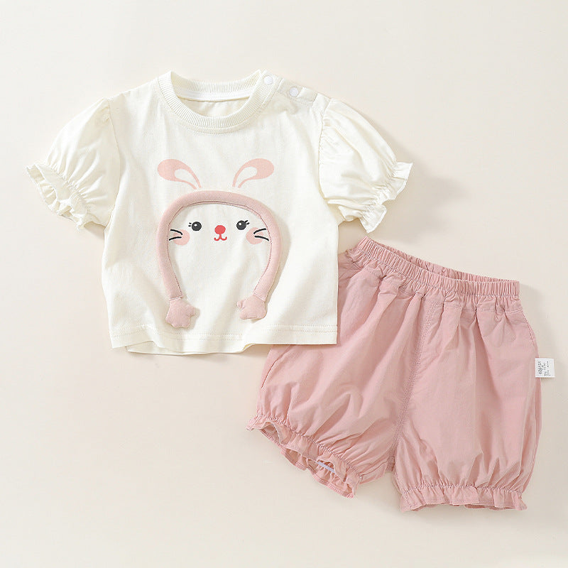 Cute Rabbit Cartoon Short Sleeve Two-Piece Set for Toddlers