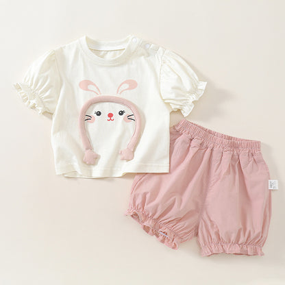 Cute Rabbit Cartoon Short Sleeve Two-Piece Set for Toddlers